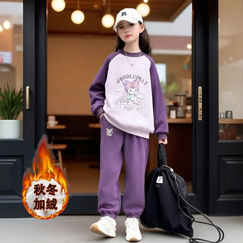 女童加绒插肩袖套装秋冬季新款儿童洋气女孩卡通卫衣卫裤两件套潮