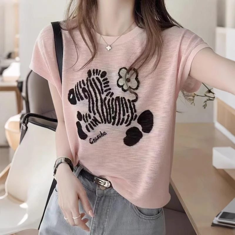 圆领短袖T恤丝滑缎面冰凉感时尚半袖百搭夏季休闲印花洋气衣服女