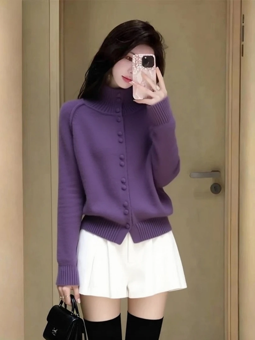 秋冬新款宽松慵懒百搭加厚上衣韩系氛围感紫色高领长袖针织毛衣女