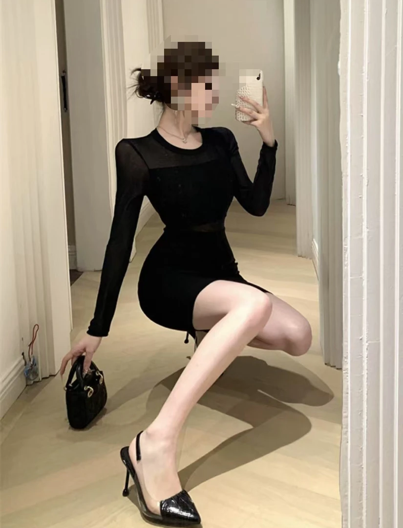 【短款】辣妹性感半透视黑色连衣裙内搭裙子掐腰紧身包臀裙子729-1