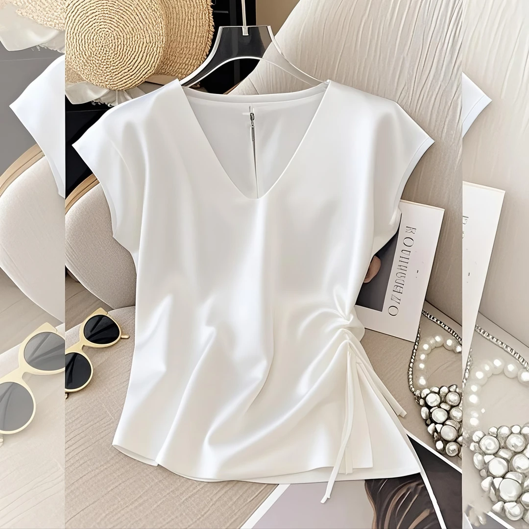 法式气质收腰缎面白色短袖t恤女夏季2025新款百搭独特超好看衬衫
