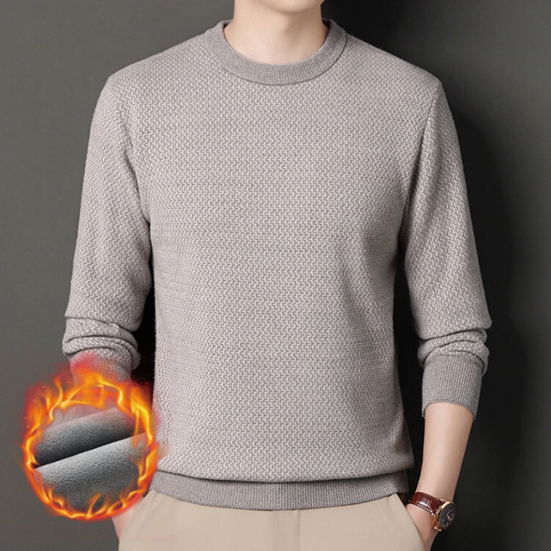 雪貂绒毛衣男提花加绒加厚针织衫男士圆领保暖毛衣