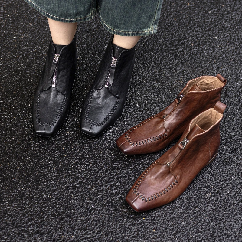 2025秋冬新款加绒短靴女前拉链真皮粗跟复古百搭时尚中跟切尔西靴