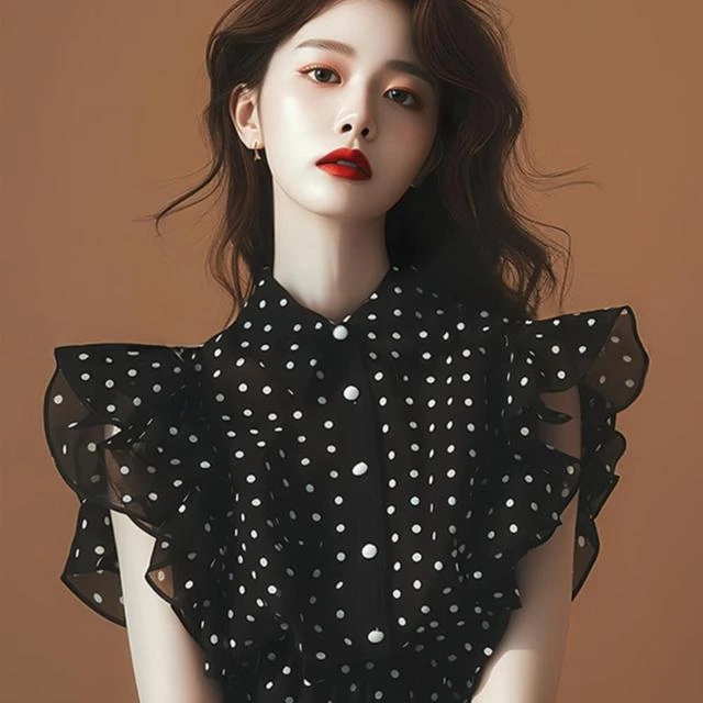 别致漂亮小衫夏季新款女装衬衣无袖上衣法式小众黑色波点雪纺衬衫