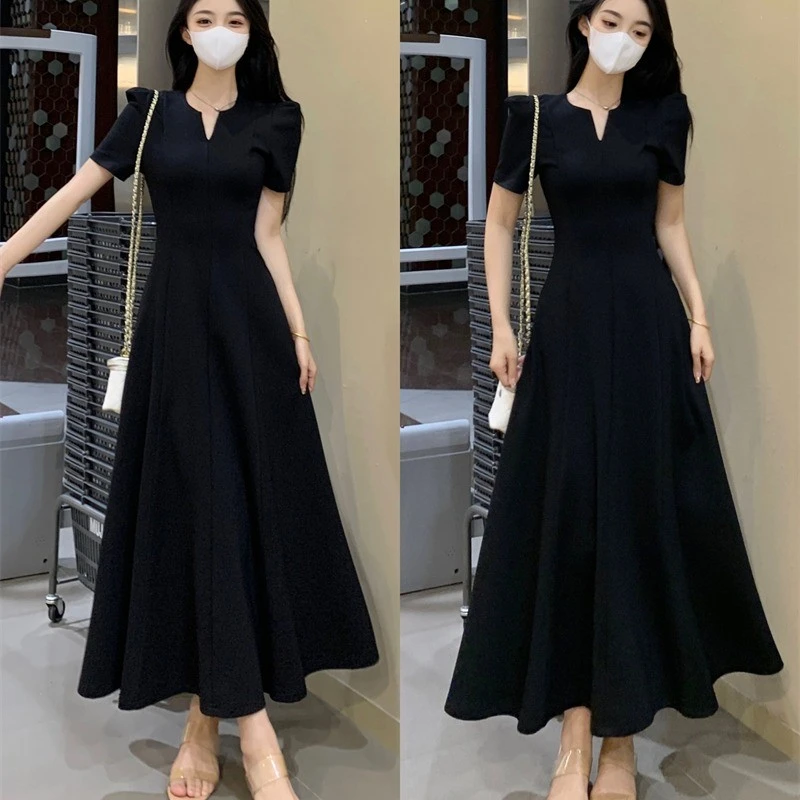 大码茶歇短袖收腰连衣裙女夏季胖mm遮肚显瘦高端气质赫本风长裙子