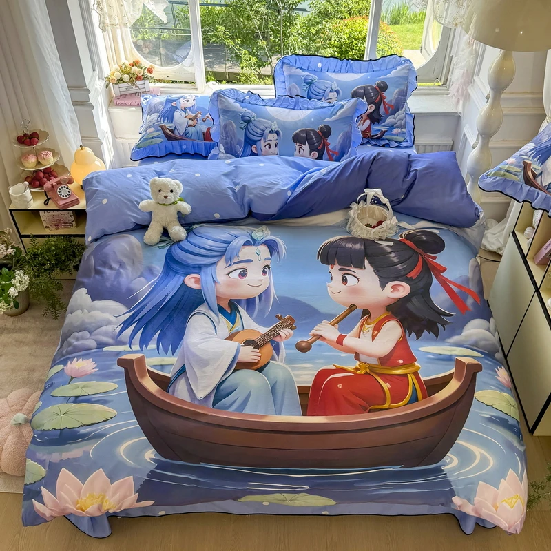 哪吒全棉卡通四件套儿童被罩纯棉可爱敖丙哪吒学生宿舍三件套包邮