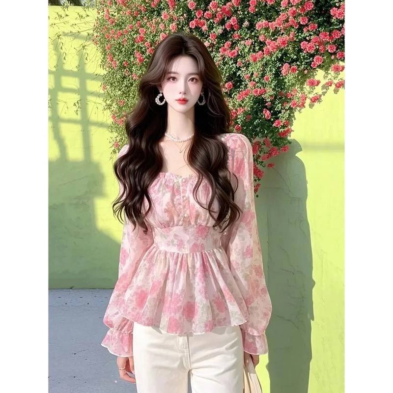 2025春秋新款法式小香风法粉色碎花衬衫女个性百搭高级感显瘦上衣