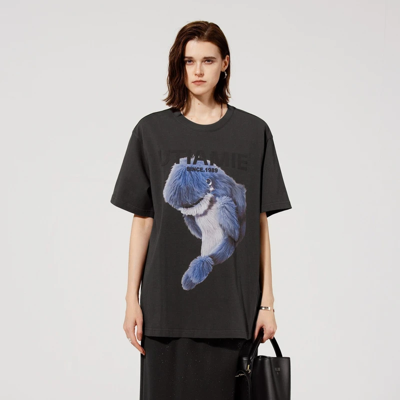 U/TI深灰色印花棉质T恤百搭短袖宽松慵懒风街头上衣