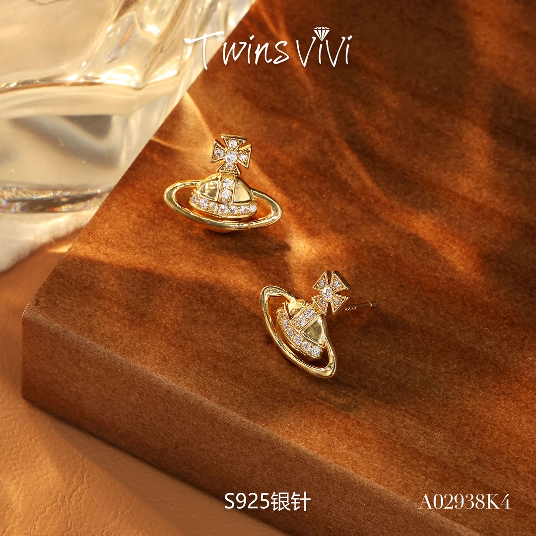 TWINS VIVI 铜合金合成锆石耳饰 镀k金 行星耳钉/A02938
