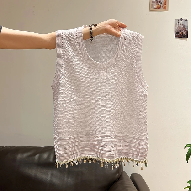 2025夏季淡紫色流苏亮片设计针织吊带背心宽松休闲松弛感无袖上衣