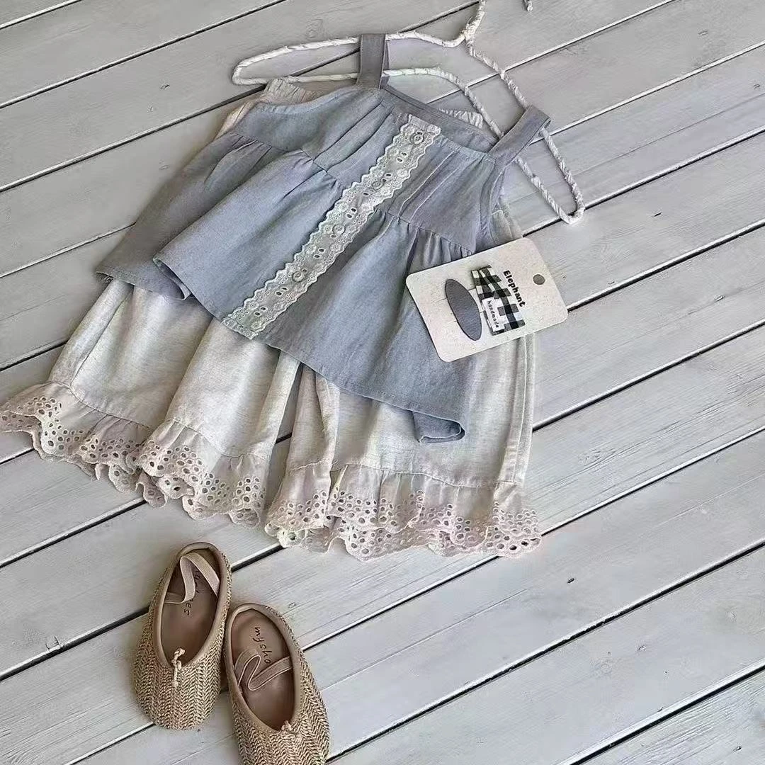 女童夏季花边套装2025款洋气背心吊带花边阔腿花边九分裤两件套