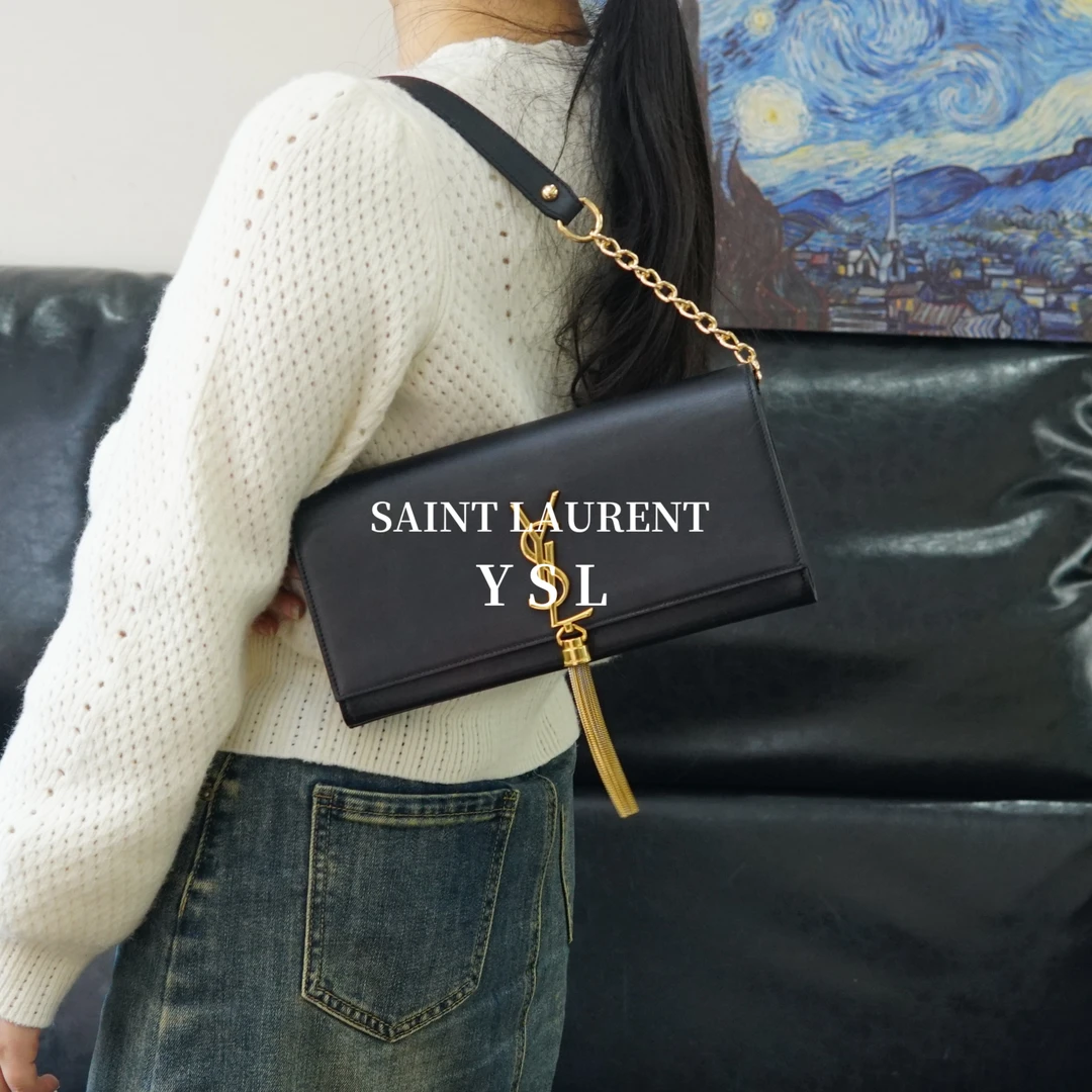 95新 YSL/圣罗兰 黑金流苏链条包/ AR03126916/6916/护