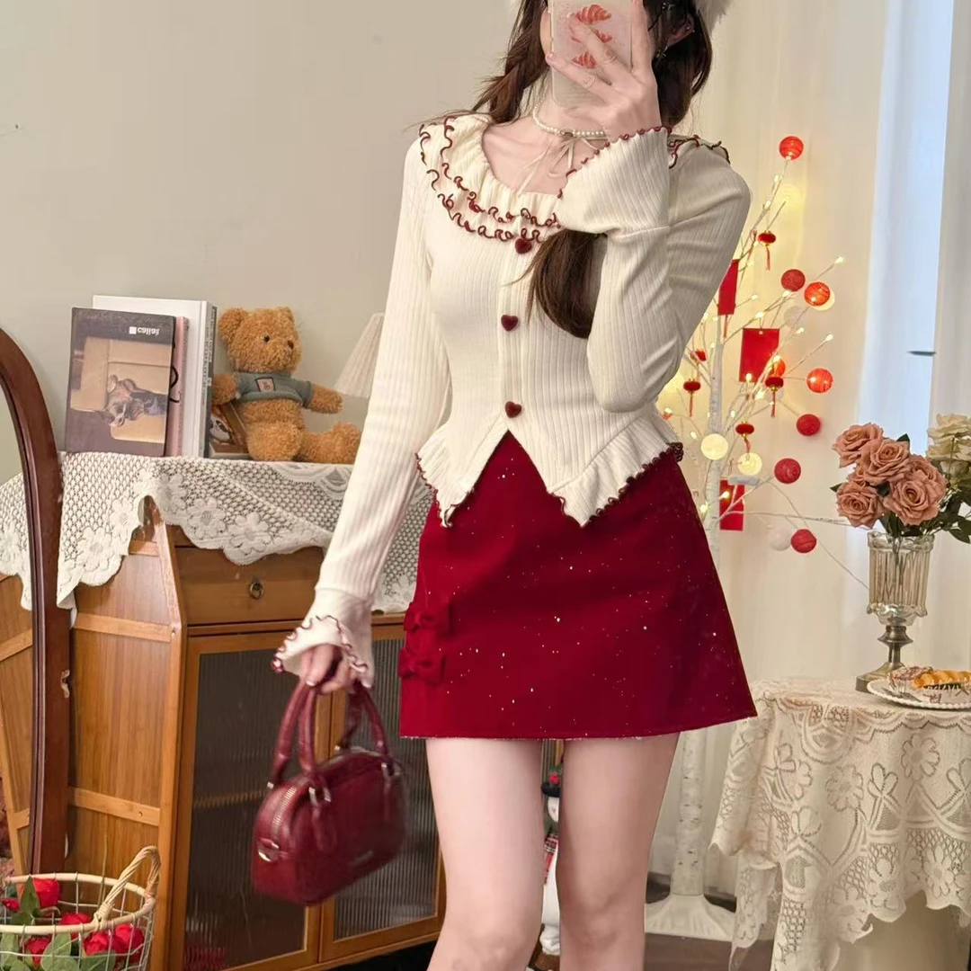 韩系穿搭套装新年氛围感修身显瘦木耳边甜妹出片氛围感衣服一套