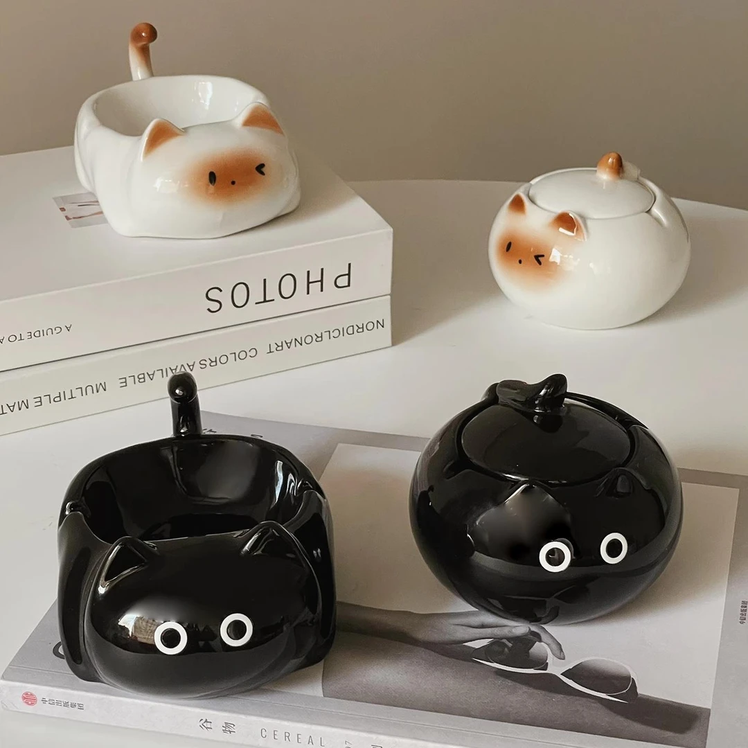 创意可爱暹罗猫陶瓷烟灰缸客厅办公室桌面防飞灰带盖烟缸装饰摆件