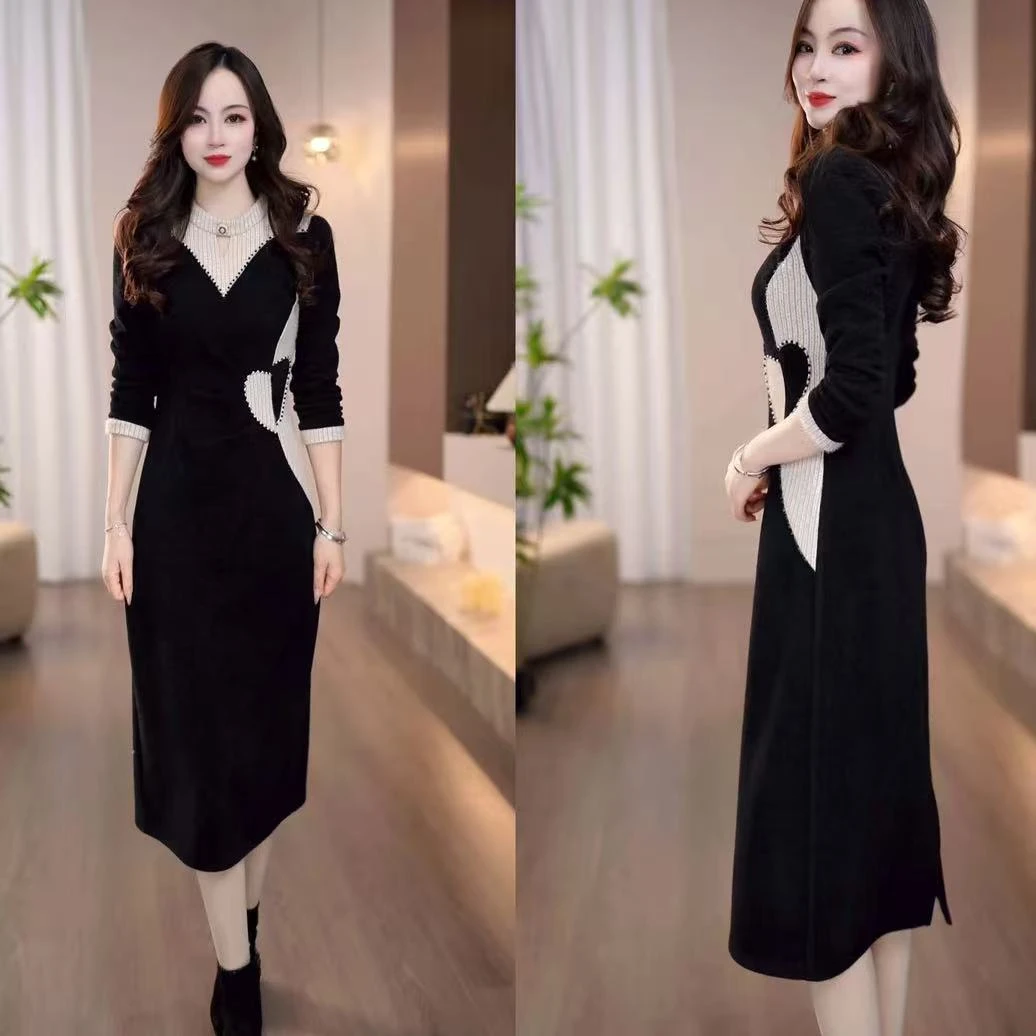 【连衣裙】欧棉绒冬新款米咖拼黑色设计感优雅收腰显瘦减龄连衣裙