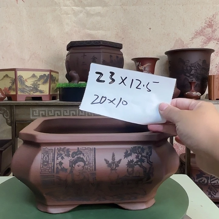 紫砂花盆刻绘国色天香