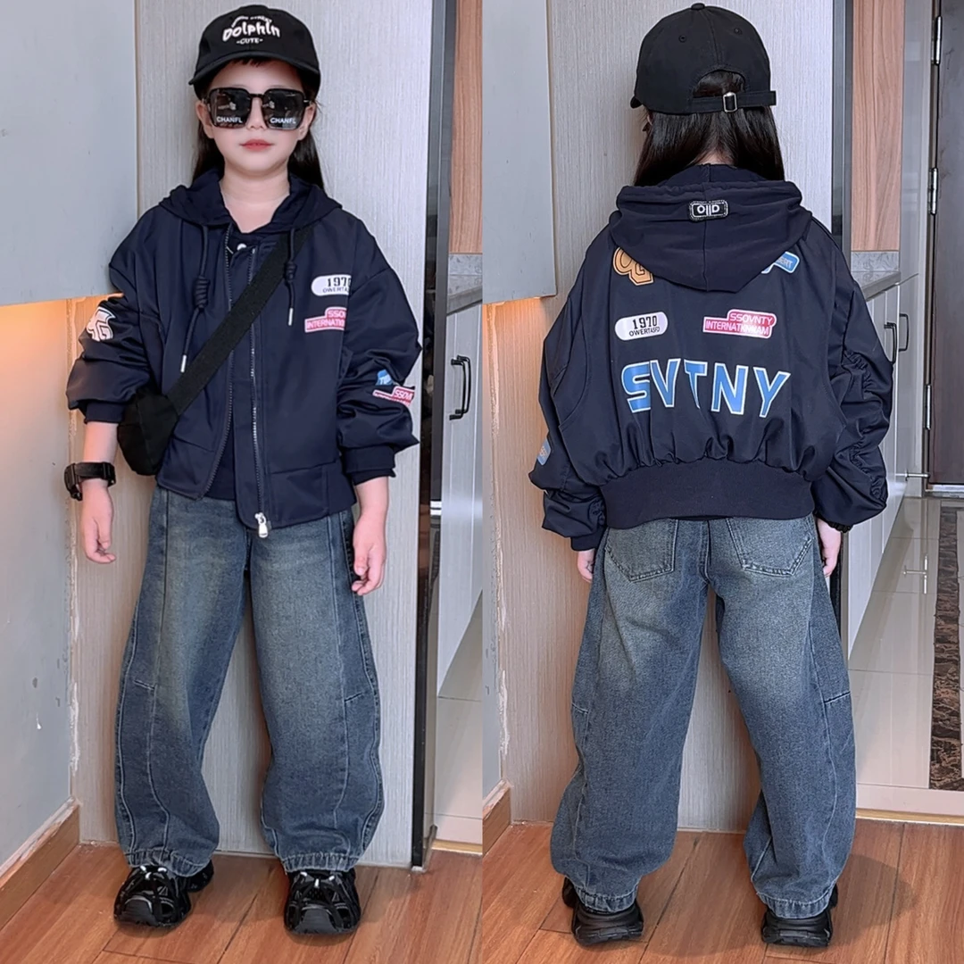 女童秋装套装中大童洋气女孩休闲夹克外套连帽打底牛仔裤三件套