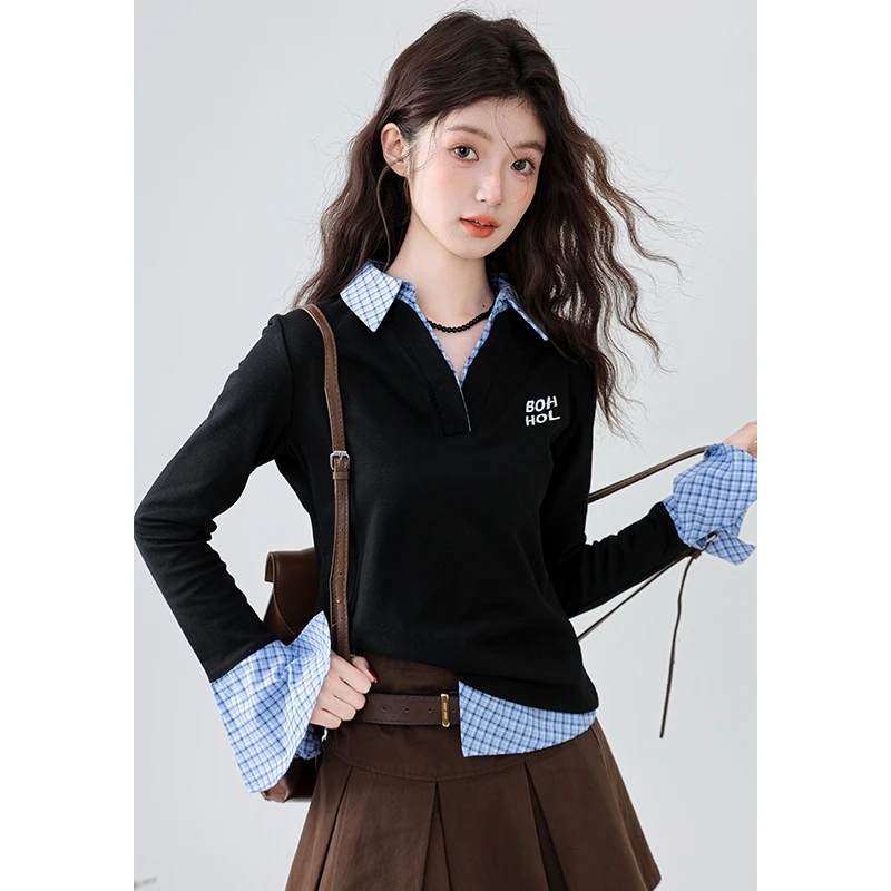 Polo领假两件长袖T恤女2025春秋设计感修身气质设计感打底衫上衣