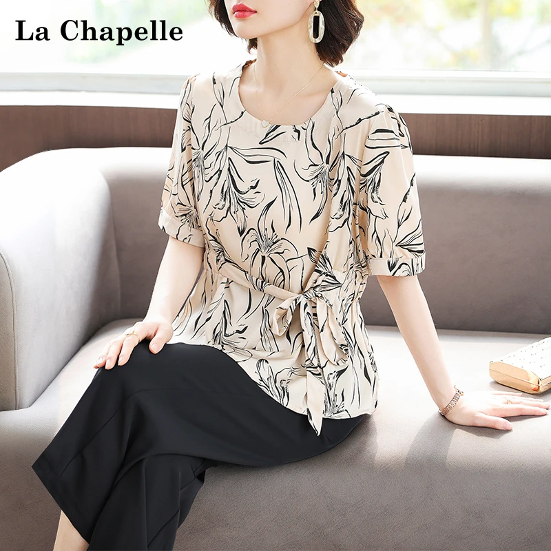 拉夏贝尔中年妈妈套装印花雪纺小衫中老年女装夏季短袖T恤上衣服
