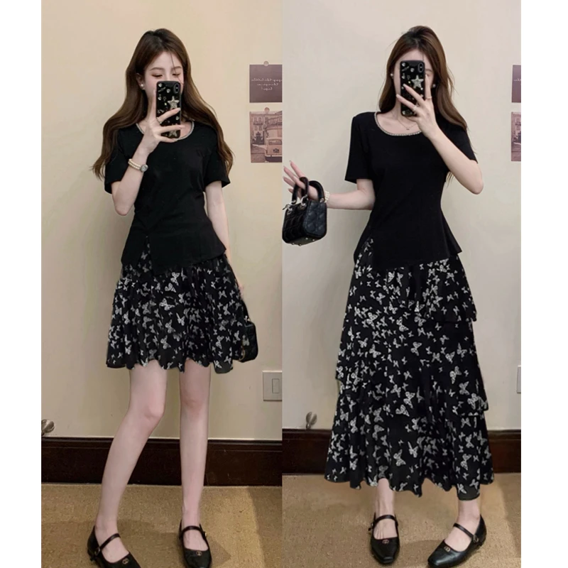 大码夏季新款胖MM时尚甜美显瘦短袖上衣碎花半裙洋气法式减龄穿搭