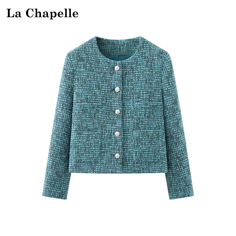 拉夏贝尔湖蓝色法式高级感通勤时尚小众气质圆领金扣小香风外套女