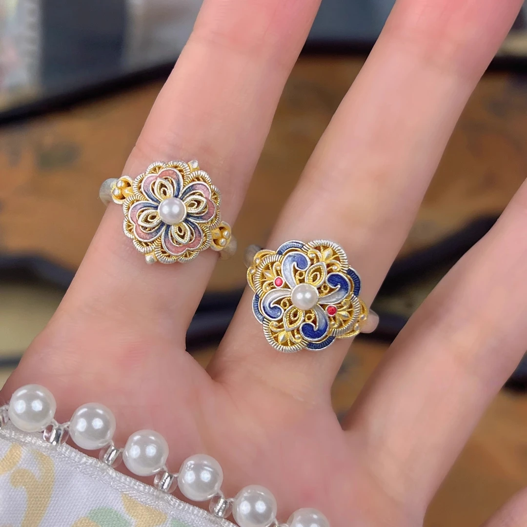 铜合金戒指 宫阙银色戒指女国风新中式珐琅彩宫廷活口戒指小众