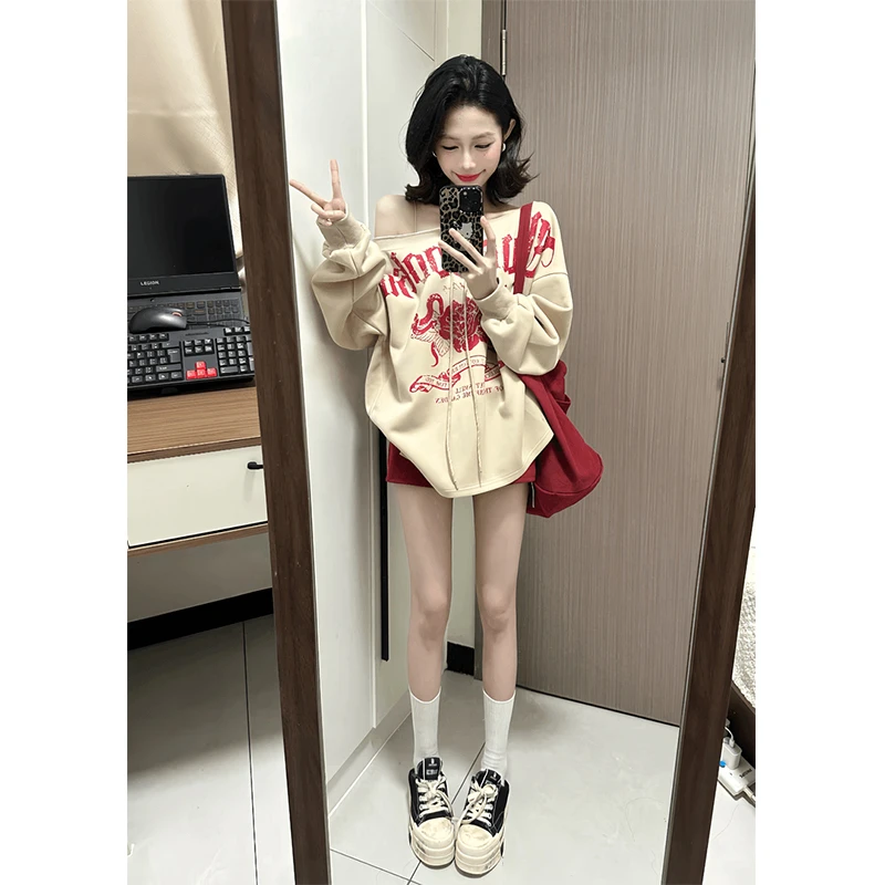 卫衣女美式复古印花一字肩绑带露肩纯欲风早秋季长袖百搭宽松上衣