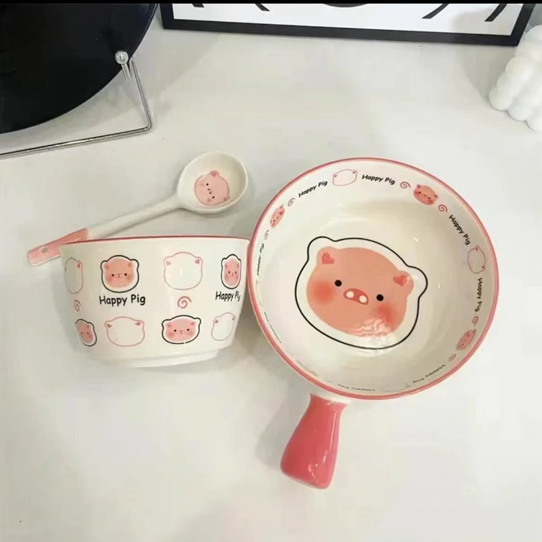 【happy小猪三件套新款】陶瓷釉下彩一人食可爱少女心陶瓷碗盘餐具