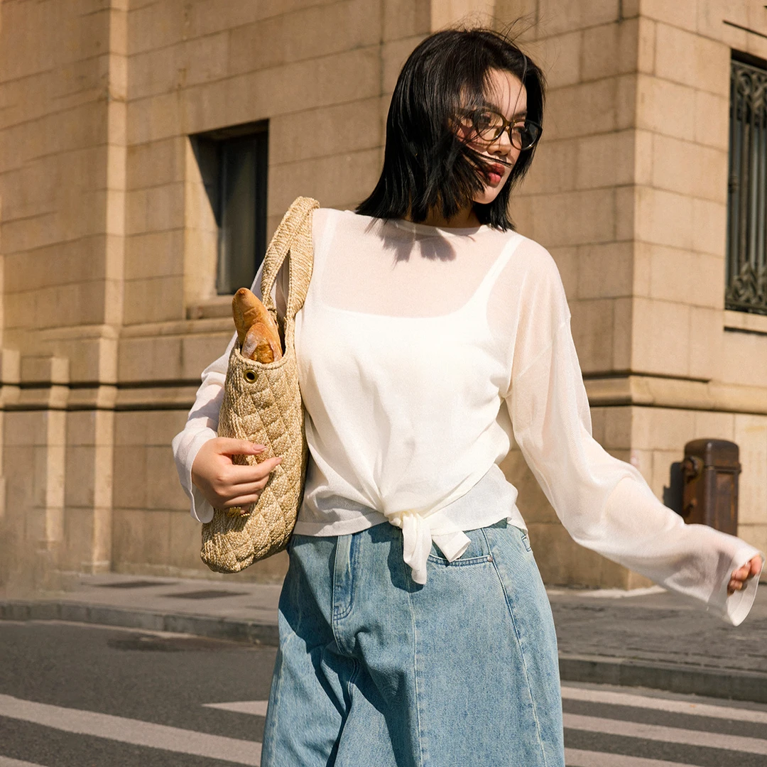 PLUSMALL 轻甜玻璃纱 轻薄混纺宽松圆领不规则罩衫PLUS2503055