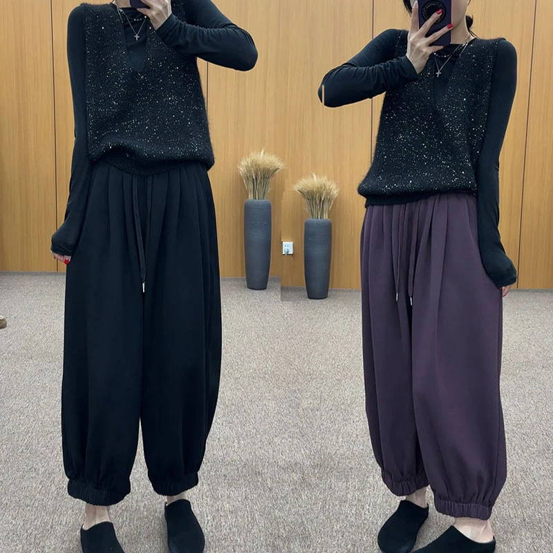 2025年春秋微胖妹妹mm大码阔腿卫裤女遮肉安可拉红哈伦九分休闲裤