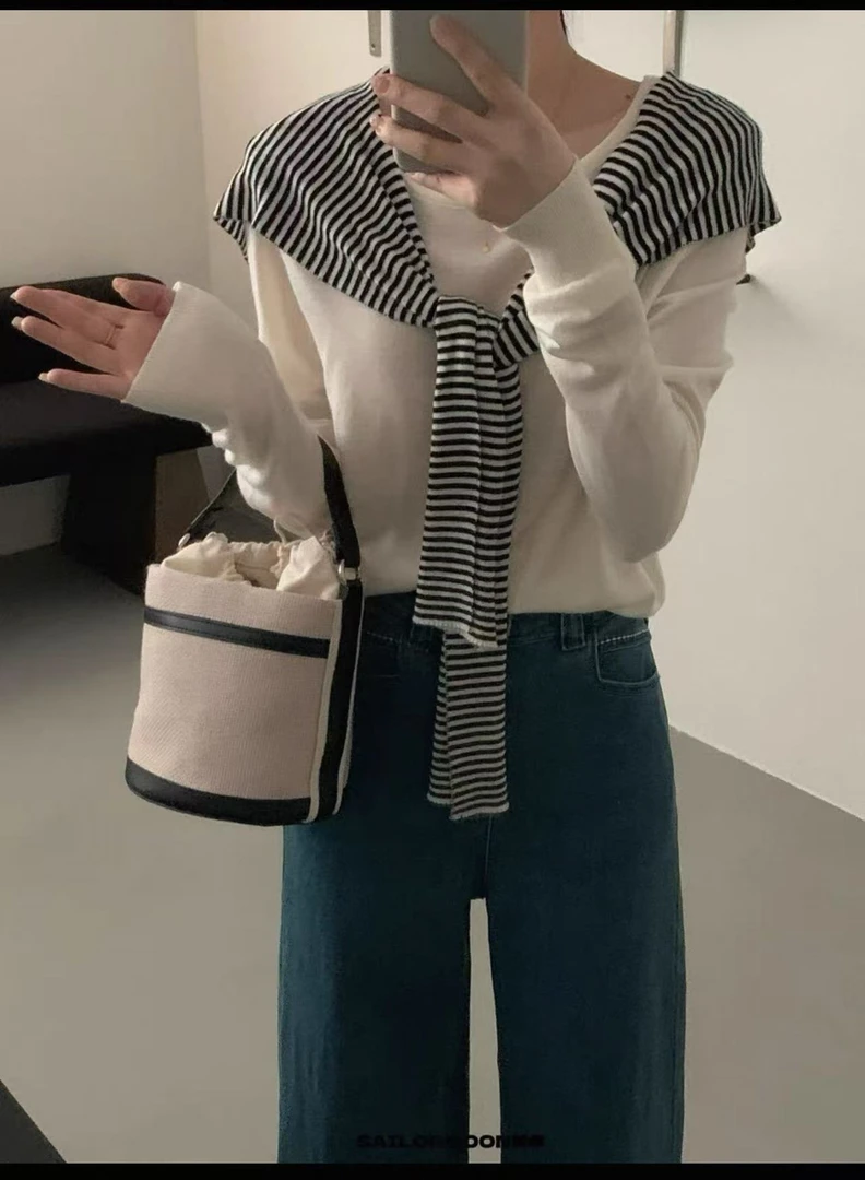 女秋季坎肩常规假两件款薄款针织衫条纹毛针织衫搭肩