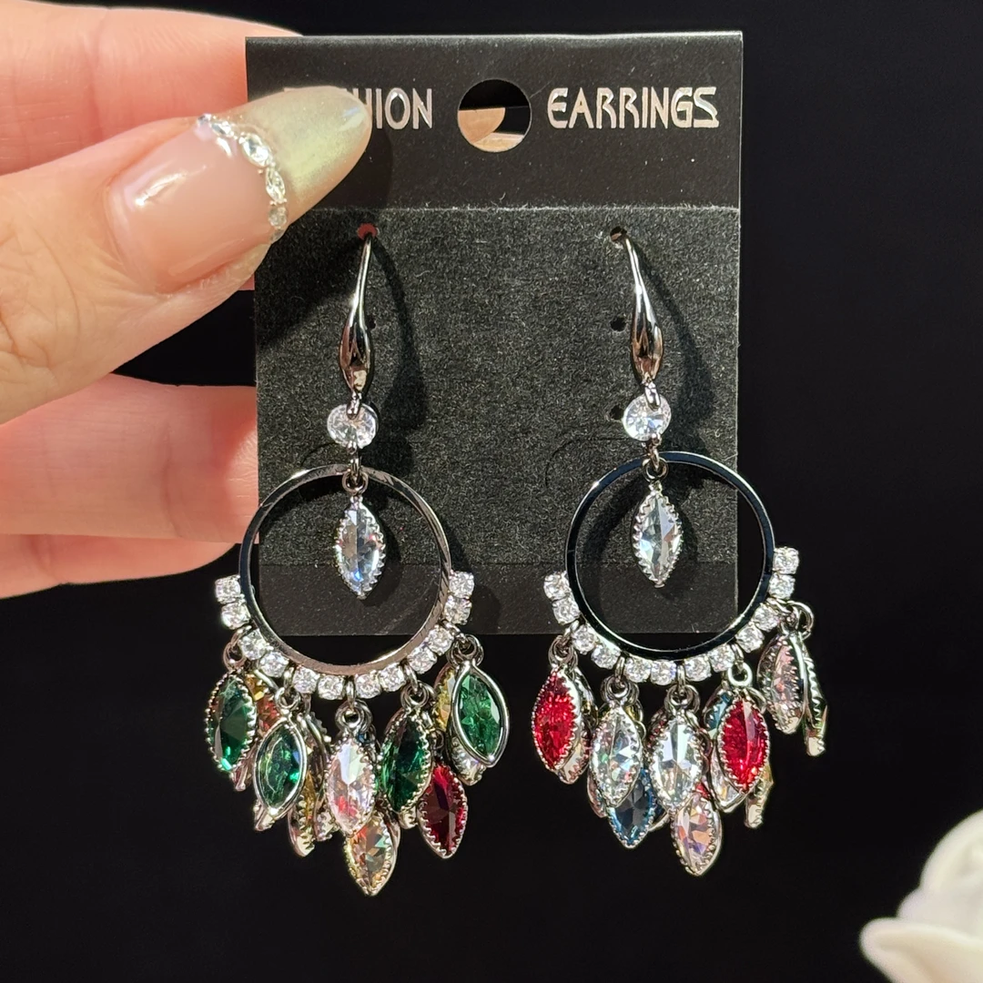 铜合金锆石耳饰 语姿】小众高级感民族风气质耳钩时尚彩色长款耳环