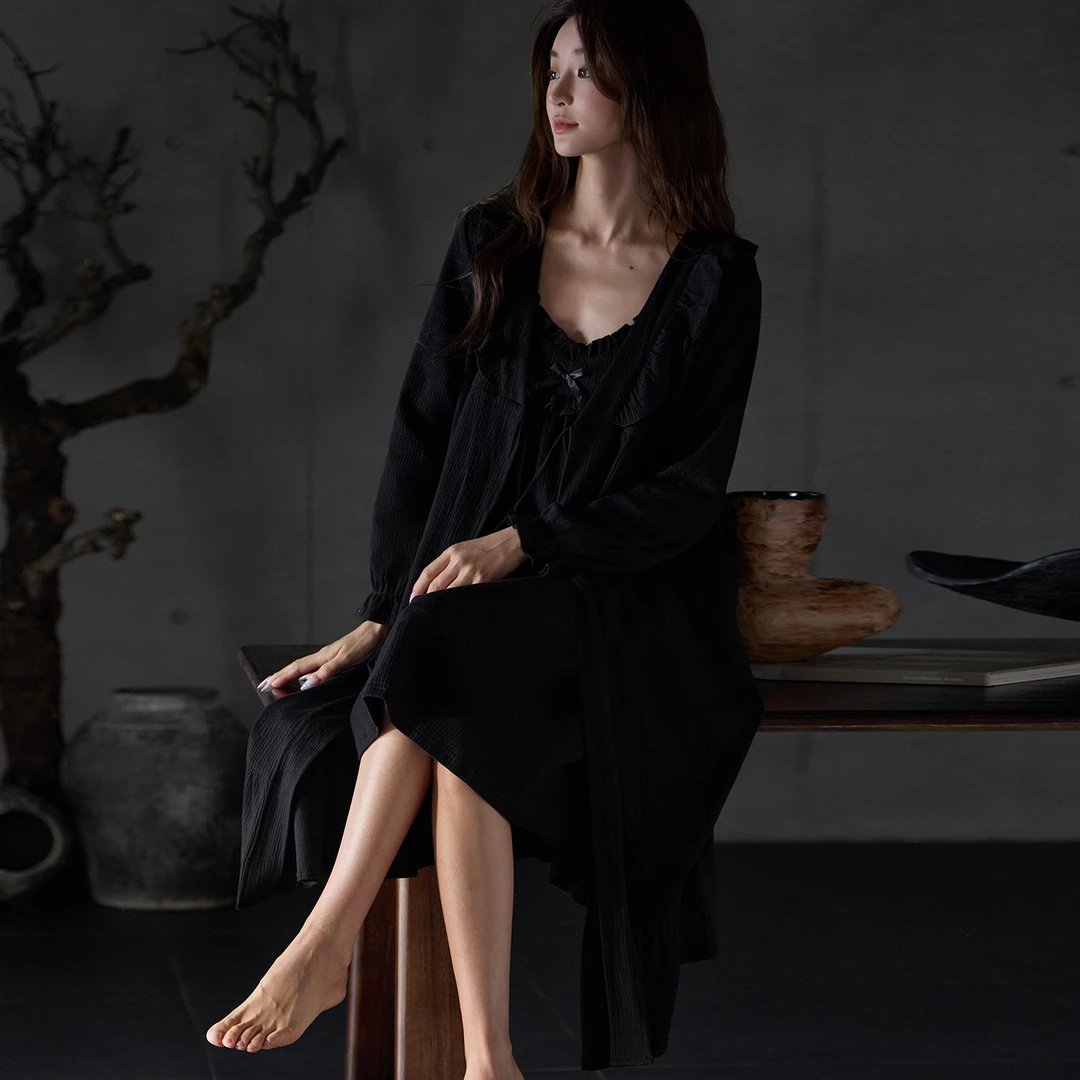 黑色高级感睡裙女纯棉春秋季中长款睡袍吊带裙花边气质浴袍两件套