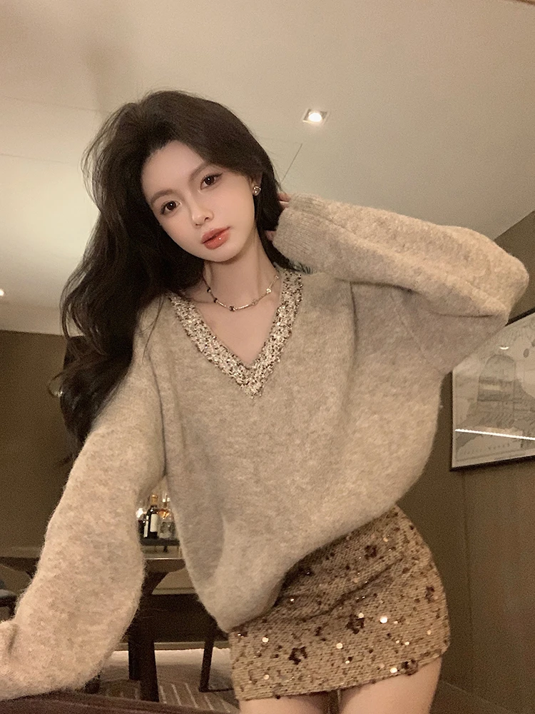璀璨时刻 温柔老钱风亮钻宽松软糯毛衣针织衫纯欲风亮片包臀短裙