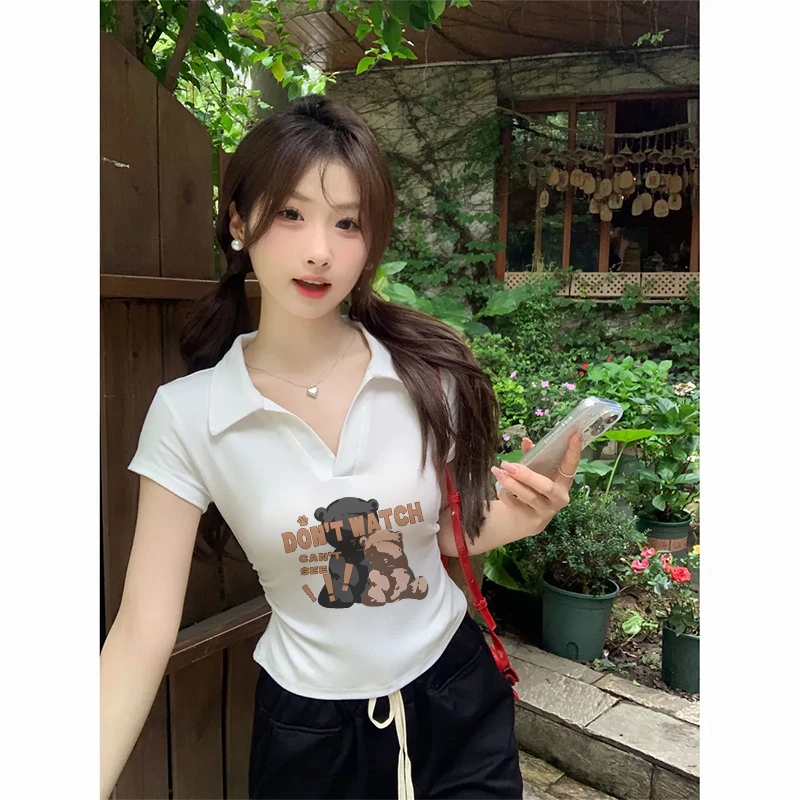 韩式辣妹修身polo领t恤女夏季新款正肩显瘦收腰外穿日常款上衣
