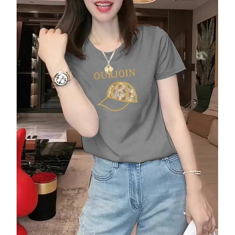 2025新款爆款灰色t恤女高级感夏装短袖宽松纯棉小衫体恤正肩上衣