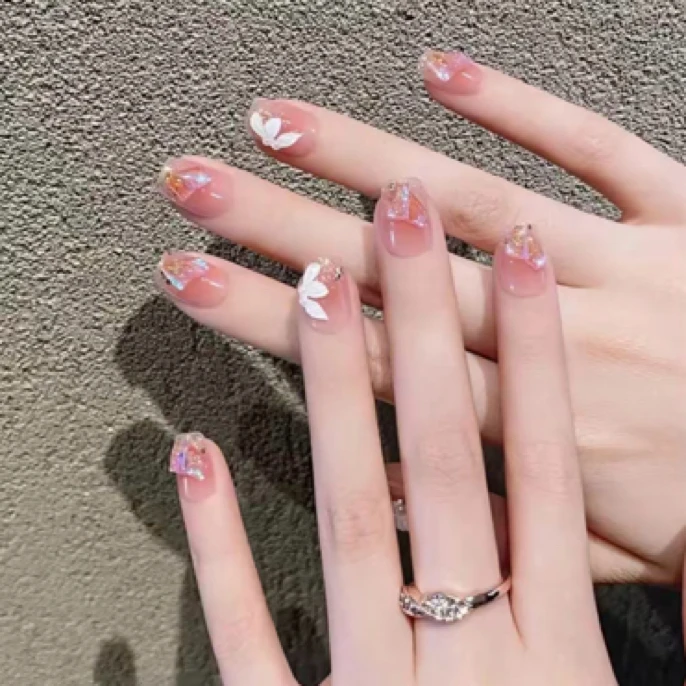 【巴黎梦境】夏日温柔冰透裸色仙气花朵手工穿戴甲式美甲成品甲片