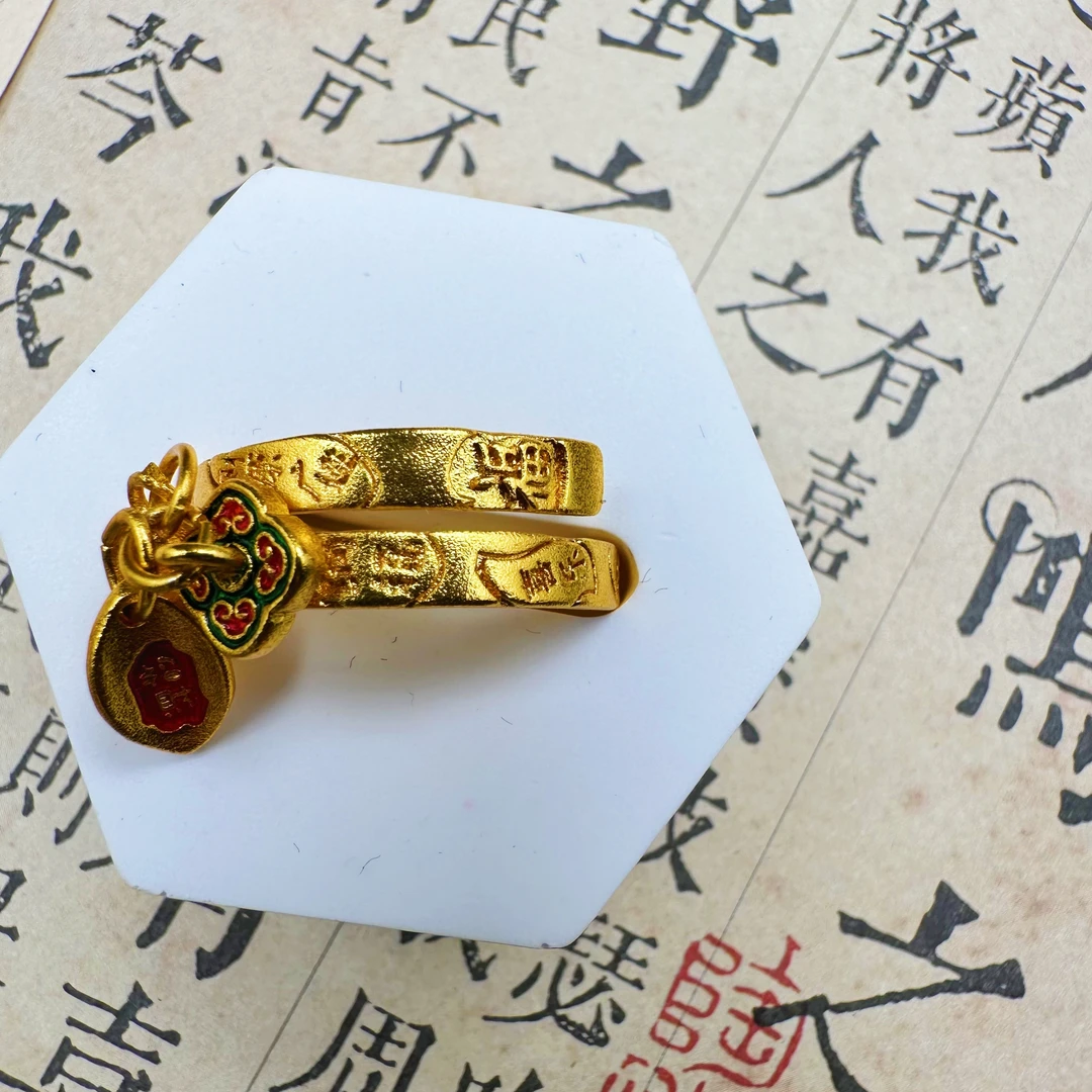 铜合金戒指 E56020.铜合金中式珐琅彩如意元宝戒指复古手工古法