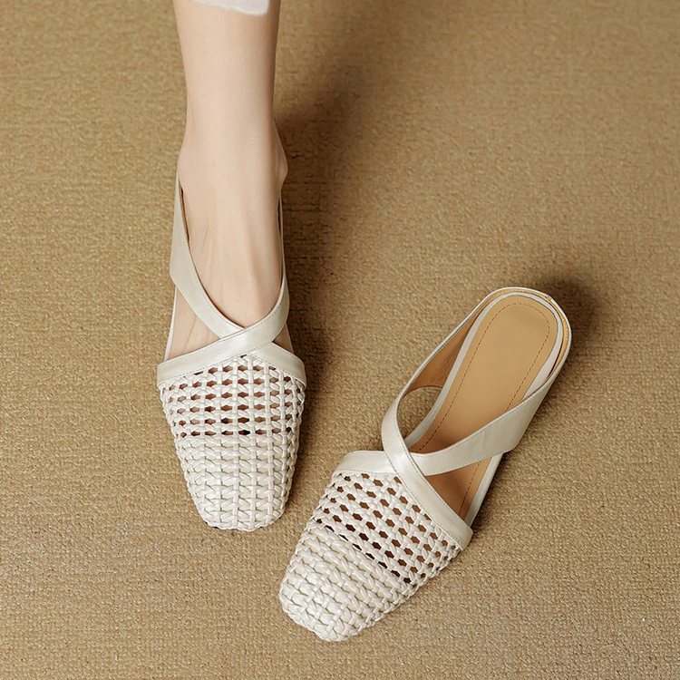法式镂空编织包头半拖鞋女2025新款夏真皮方头内增高坡跟高跟凉拖