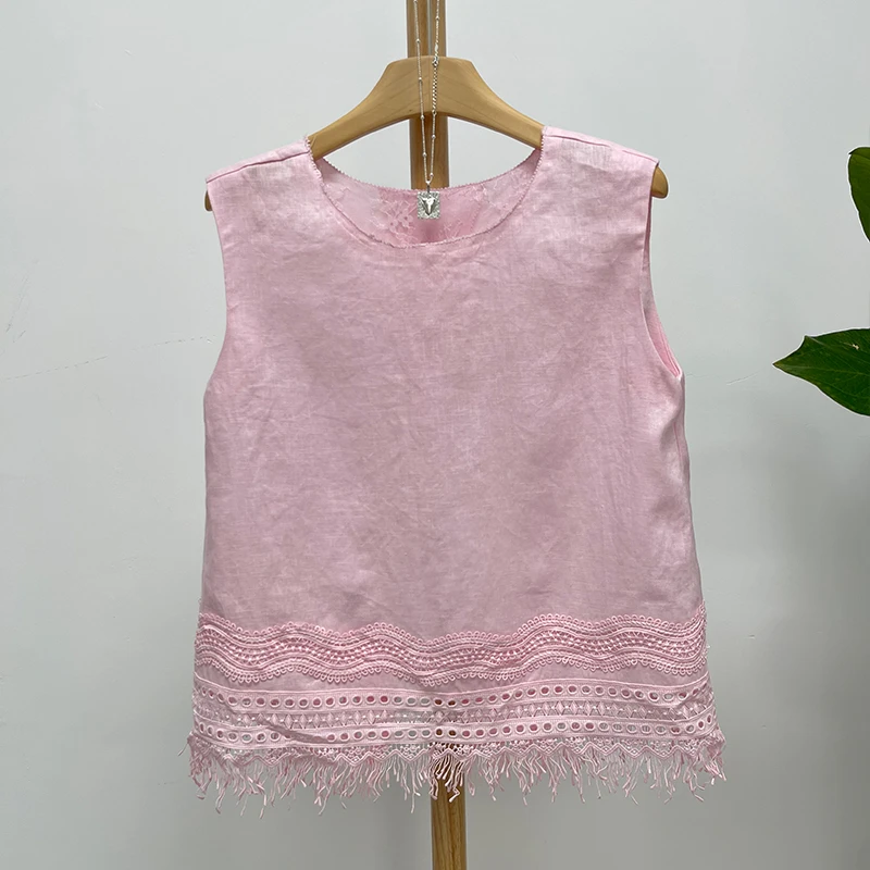 亚麻上衣女2025夏装新款圆领套头镂空蕾丝流苏衬衫