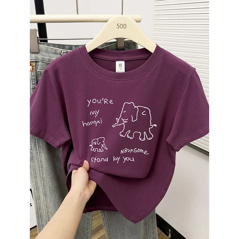 夏季正肩短袖T恤小众设计感卡通印花简约圆领通勤显瘦休闲女上衣