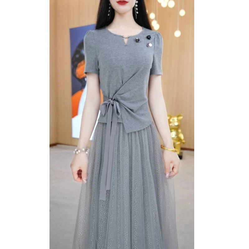 【上下套装】夏季新款圆领气质短袖搭配A字半身裙气质套装M-4XL