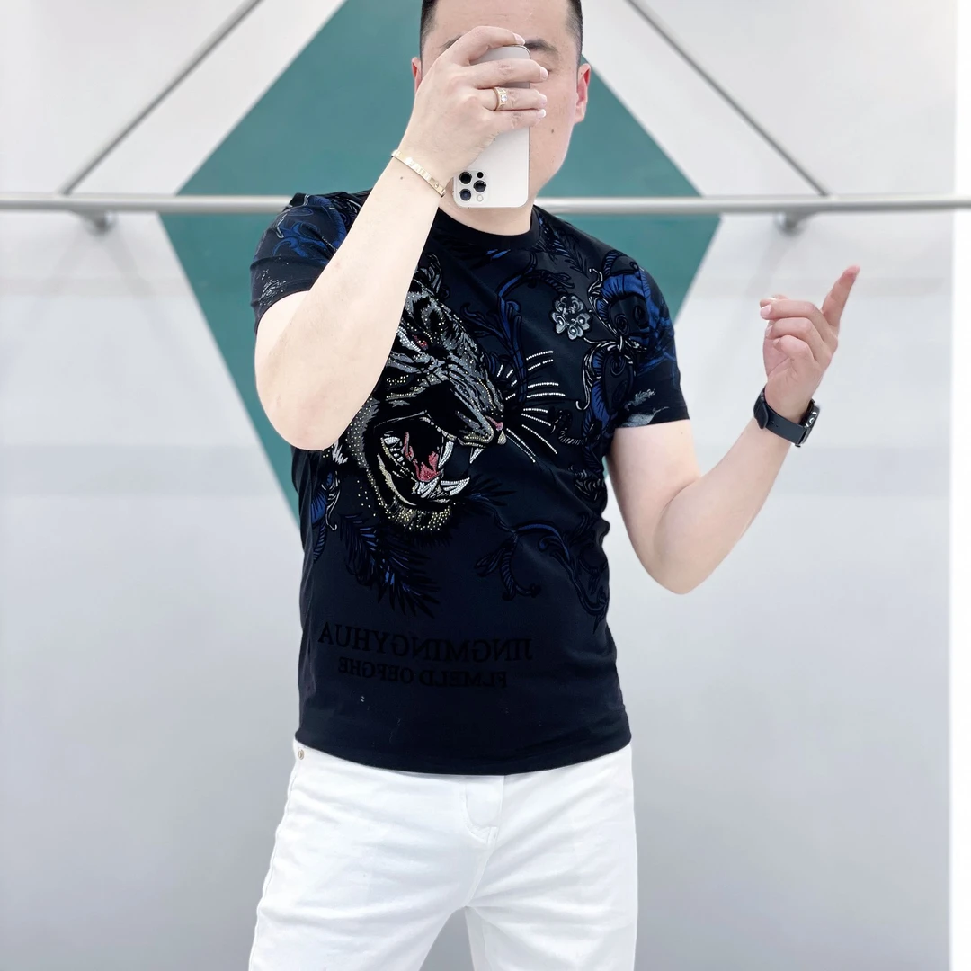 2025新款男士潮流个性烫钻时尚百搭修身高级帅气圆领短袖休闲t恤