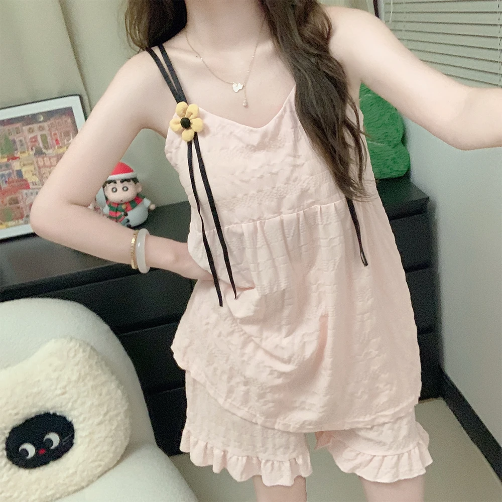 【带胸垫一体】吊带睡衣少女款夏季薄款性感甜美简约纯色家居服套装