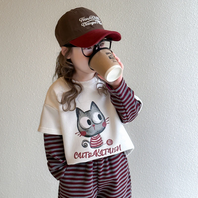 儿童套装2025新款女童条纹休闲洋气网红秋装中性休闲运动两件套潮