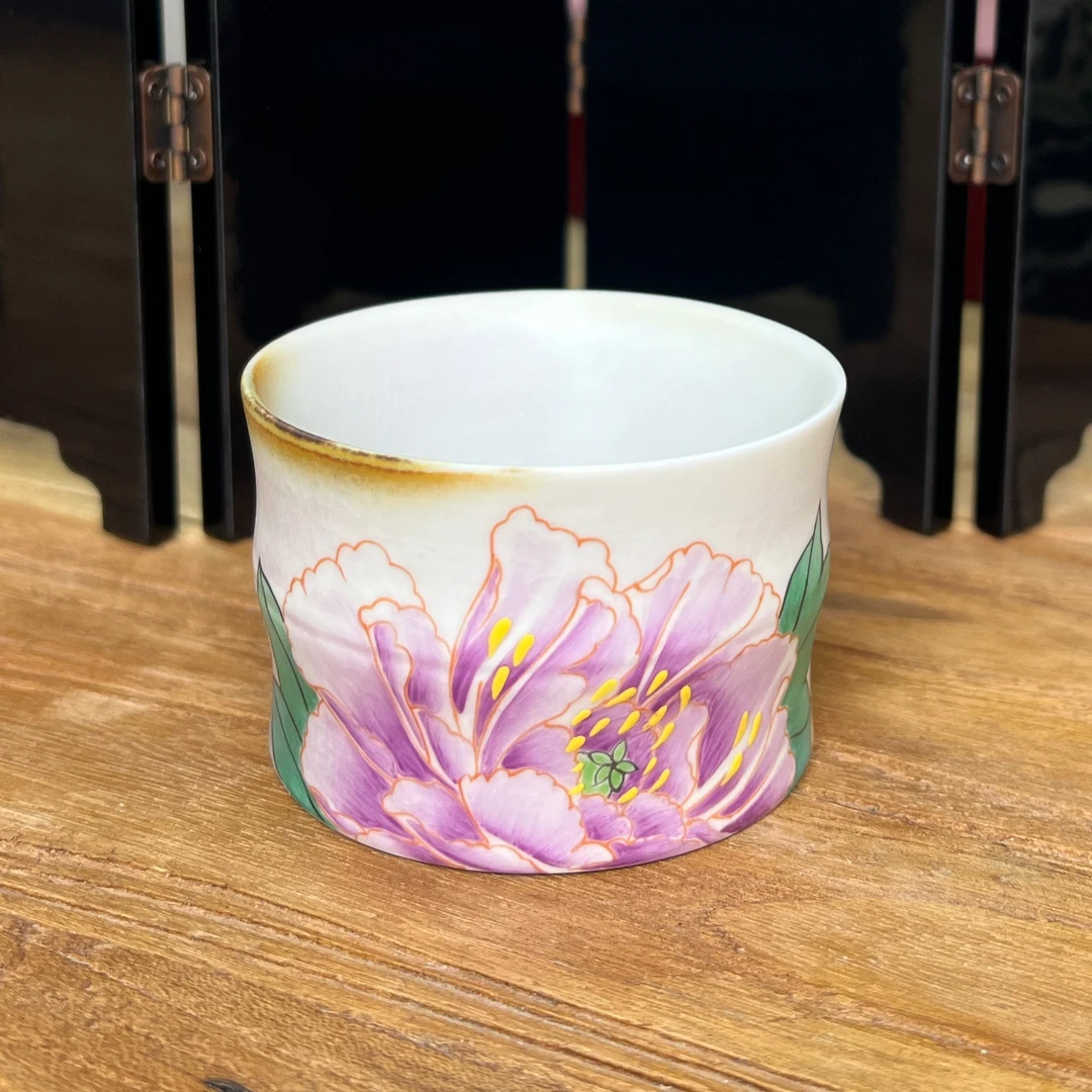 李辉熠粉柴烧手绘富贵紫牡丹竹节杯陶瓷复古精美主人杯功夫茶单杯