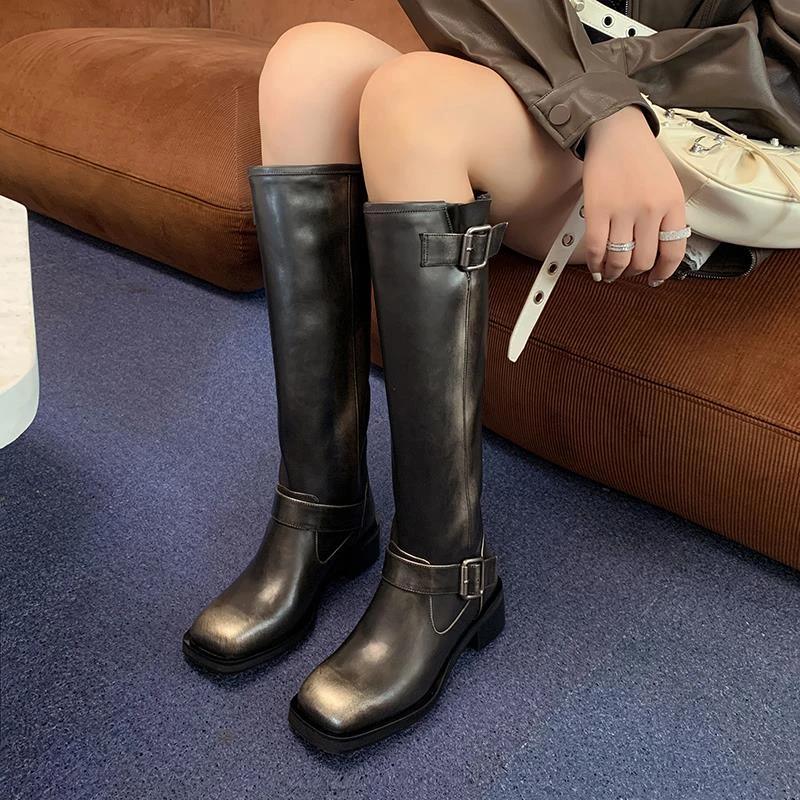 CZ专属｜牛皮擦色做旧机车增高方头长靴骑士靴