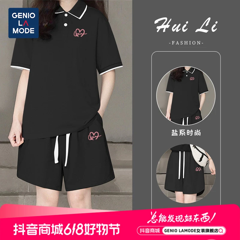 GENIOLAMODE黑色套装短袖t恤女POLO衫女士气质夏季抗菌休闲风短裤