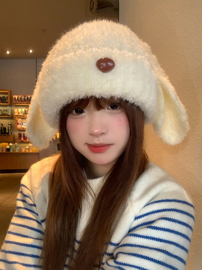 可爱长耳朵小狗针织毛绒帽子女秋冬保暖护耳显脸小毛线帽2025新款