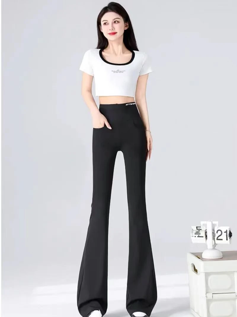 夏季黑金提臀新款微喇裤黑色弹力休闲显瘦薄款春夏